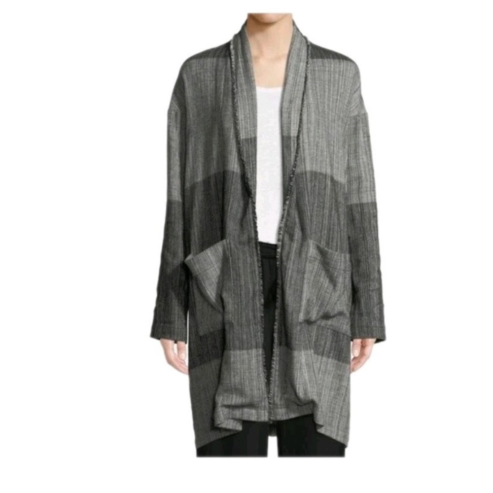 Eileen Fisher Plus Size 100% Cotton Colorblock Duster Jacket OS Fray Shawl Neck